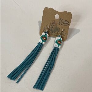 Justin Boots Teal and White Beaded Tassel Earrings